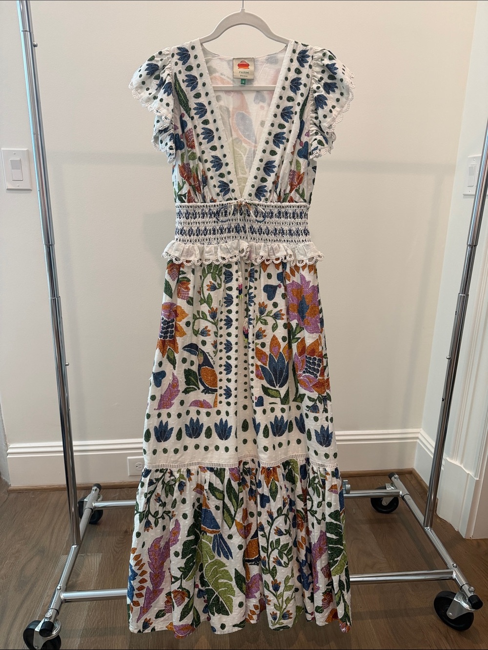 FARM Rio White Maxi Dress with Multi-Color Floral Embroidery